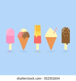 Ice cream cone vector set isolated on background. Ice cream scoop image in flat style. 