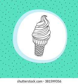 Ice Cream cone vector sketch illustration. Ice Cream emblem on background with berry seeds