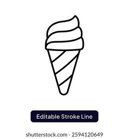 Ice Cream Cone Vector for Sweet Treat Lovers. Soft serve ice cream illustration, waffle cone dessert, summer refreshment concept. Outline icon