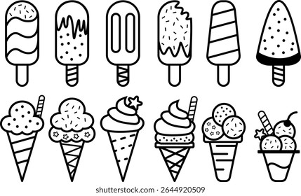ICE CREAM CONE VECTOR SYMBOL ICON SET OUTLINE BLACK