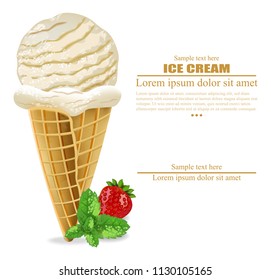 Ice cream cone Vector. Vanilla flavor poster. Fresh dessert menus