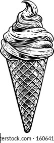 An ice cream cone in a vintage retro woodcut etching style