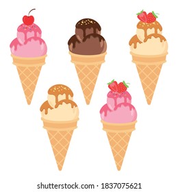 Ice cream cone waffle cartoon including various flavored ice cream and chocolate ice cream strawberry vanilla topper sundae strawberry chocolate sauce caramel sauce vector illustration