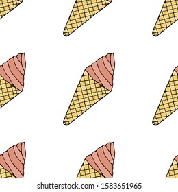 Ice cream in a cone waffle cup.  Seamless pattern. hand drawn vector illustration.   doodles or cartoon style