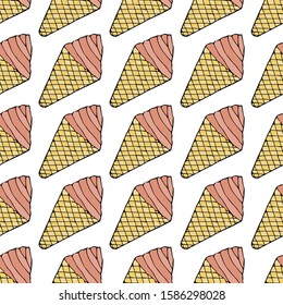Ice cream in a cone waffle cup.  Seamless pattern. hand drawn vector illustration.   doodles or cartoon style