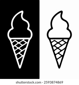 ice cream, ice cream cone, waffle cone, dessert, summer, food, summer food, sweet, treat, icon, logo, graphic, black and white, simple, line art, illustration, vector, food icon, summer icon, dessert 