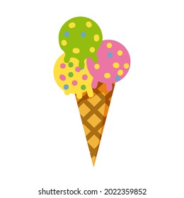 Ice cream cone waffle different color balls. Vector illustration isolated cartoon