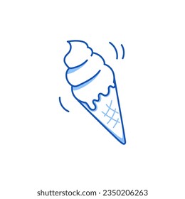 Ice cream cone waffle doodle. Hand drawn sketch doodle style ice cream cone. Blue pen line stroke isolated element. Summer dessert concept. Vector illustration.