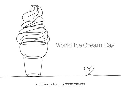 Ice cream cone in a waffle glass. World Ice Cream Day. One line drawing for different uses. Vector illustration.