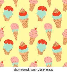 ice cream cone, waffle seamless pattern Creative vector on yellow background for fabric, textile stock illustration EPS