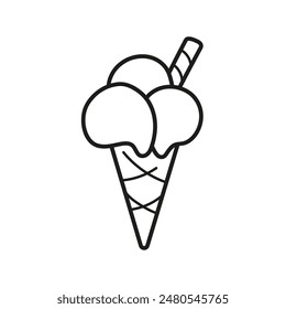 Cono de helado. Helado con palo de gofre. Colorear. Ilustración vectorial en blanco y negro.