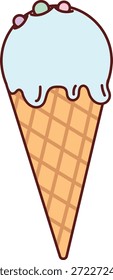Cono de helado con textura de gofre, cuchara derretida y Pequeño relleno de caramelos en un contorno audaz. Símbolo de placer de verano, dulzura, antojo de postre y indulgencia. Ilustración vectorial de dibujos animados.