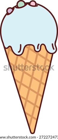 Ice cream cone with waffle texture, melting scoop and small candy topping in bold outline. Symbol of summer treat, sweetness, dessert craving, and indulgence. Cartoon vector illustration.