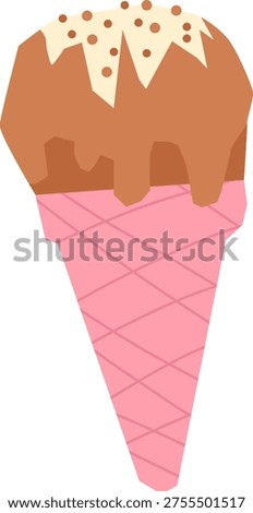Ice cream cone with waffle texture and melting scoop crafted from layered paper shapes. Symbol of summer treat, sweetness, dessert craving, and indulgence. Cartoon vector illustration.