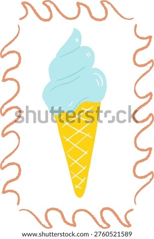 Ice cream cone with waffle texture and creamy swirl framed by wavy border in a clean cartoon style. Symbol of dessert craving, indulgence, summer treat, and sweet comfort. Cartoon vector illustration.