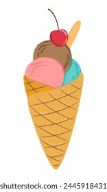 Ice cream cone waffle with three scoops, strawberry, chocolate and mint flavor, with popsicle stick and cherry on top.