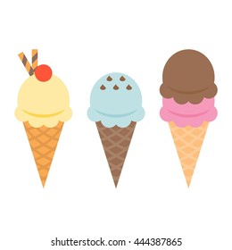 Ice cream cone waffle with topping, flat design vector