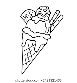 Ice cream cone with waffles, cookies and topping. Dessert, sweets. Coloring page, icon, black and white vector illustration.
