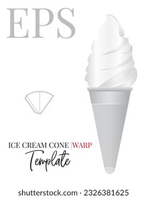 Ice cream cone warp die cut template, vector. White clear blank ice cream cone wrap mock up isolated on white background with perspective presentation, illustration.