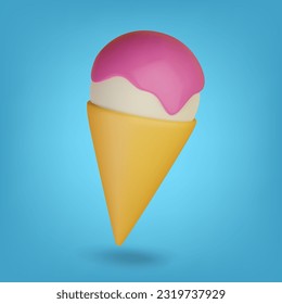 Ice cream in a cone, watered with pink glaze. On blue background. 3D Rendering. Vector illustration