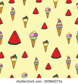 ice cream cone with watermelon slice illustration on yellow background. set of ice cream cone. hand drawn vector, seamless pattern. summer time. doodle art for wallpaper, wrapping paper, fabric. 