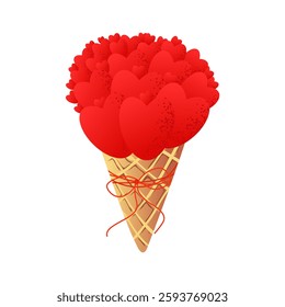 Ice cream in a cone without ice cream, with a ribbon. The cone has many hearts of different shapes and sizes, which creates a romantic and whimsical effect. Isolated on a white background. Love holida