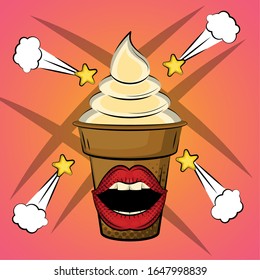 Ice cream cone an woman mouth with a comic expression. Pop art illustration - Vector