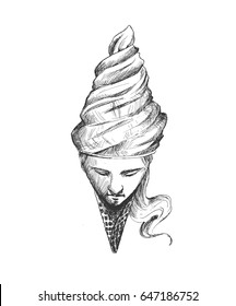 Ice Cream cone with women face, Hand Drawn Sketch Vector illustration.