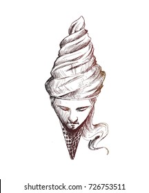 Ice Cream cone with women face, Hand Drawn Sketch Vector illustration.