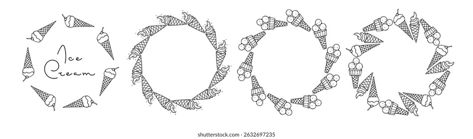 Ice Cream Cone Wreaths. Round dessert frames with ice cream text. Hand drawn doodle sketch vector illustration. Delicious frozen dessert. Summertime sweet food, summer treats for advertising, card.
