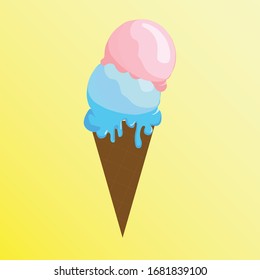 ice cream cone with yellow pastel background. Tasty colorful ice cream for summer decorative, mint, strawberry, sweets, dessert, web design or print. Vector Illustration.