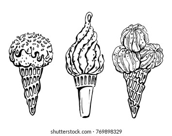 Ice cream cone,hand drawn, graphics illustration black and white