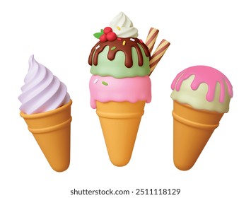 Ice cream cones 3d. Sweet ice cream with topping and berries. Creamy dessert, waffle rolls, liquid chocolate syrup. Tasty fast food, realistic vector set