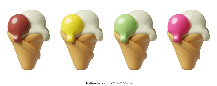 Ice cream cones 3d vector icons. Different color melting scoops in waffle cups. Three dimensional cute food summer emoji.