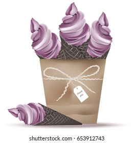 Ice cream cones in a basket lavender flavours. Vector illustration