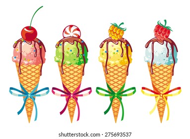 ice cream cones with berries isolated on a white background