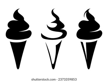Ice cream cones. Black silhouettes of ice cream cones isolated on a white background. Set of vector illustrations. Handmade illustration, not AI