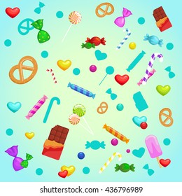 Ice cream cones, candy, sweets.Background with colorful various candy.assorted chocolates colorful lollipops. 