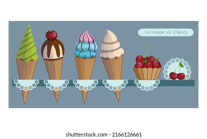 Ice cream cones, cherries, pattern napkins on shelf, blue grey background. Vector illustration.