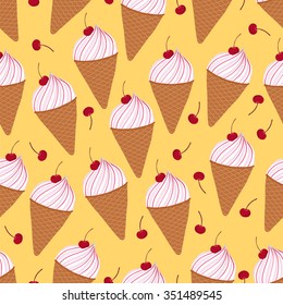 Ice cream cones and cherry seamless pattern