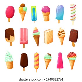 Ice cream cones in chocolate and waffle, vector summer food dessert icons. Cartoon ice cream, vanilla sundae and strawberry scoop gelato, gelateria and cafe menu of soft ice and sorbet flavors