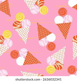 Ice cream cones with colorful scoops in seamless geometric pattern. Flat vector illustration. Summer dessert and sweets concept. Repeating pattern background