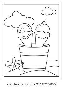 Ice cream cones colour page in linear vector