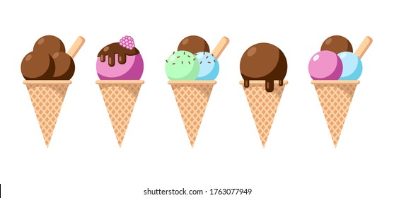 Ice cream cones with different topping vector set collection isolated on white background. Hand drawn colorful summer dessert set. illustration in fllat style. Design for banner,card, cafe, menu