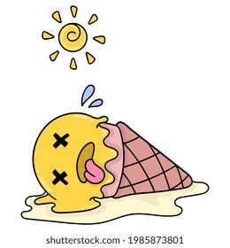 ice cream cones are falling unconscious and melting in the hot summer sun, vector illustration art. doodle icon image kawaii.