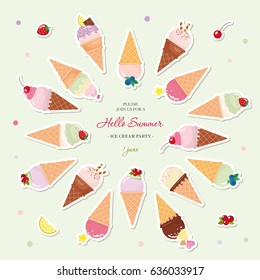 Ice cream cones festive summer background with place for text. Paper cut out stickers. Vector EPS10.