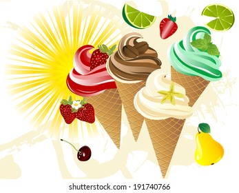 Ice cream in cones with fresh fruit