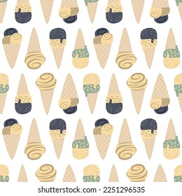 Ice cream cones. Green, Yellow and Navy. Seamless pattern in pastel colors