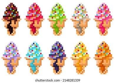Ice cream cones have holes sprinkled with sugar flakes, a pixel art set. Vector illustration.