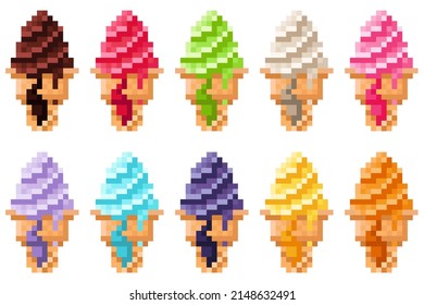 Ice cream cones have holes pixel art set. Vector illustration.